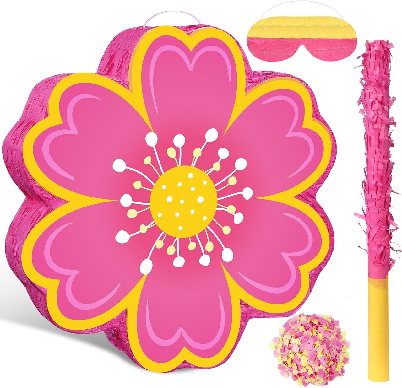 Daisy Flower Piñata Set Include Bat Blindfold Confetti Tassel Floral Piñata Daisy Hippie Boho Game for Birthday Baby Shower Gender Reveal Wedding Floral Party Supplies